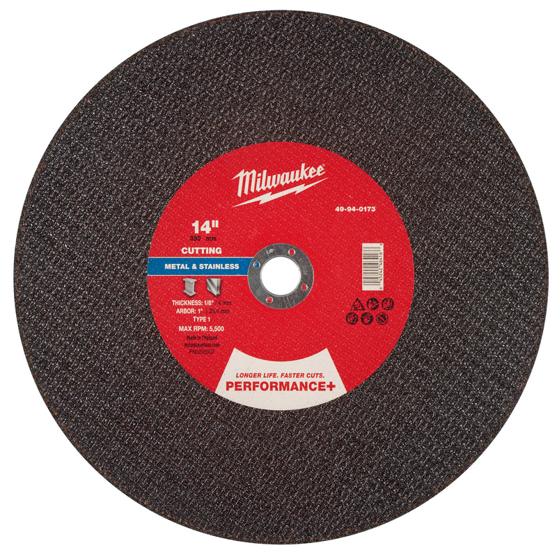 Milwaukee 49-94-0173 14" x 1/8" x 1" Performance+ Metal Cut Off Wheel  - Type 1 - Ace Tool Group - Milwaukee Tool