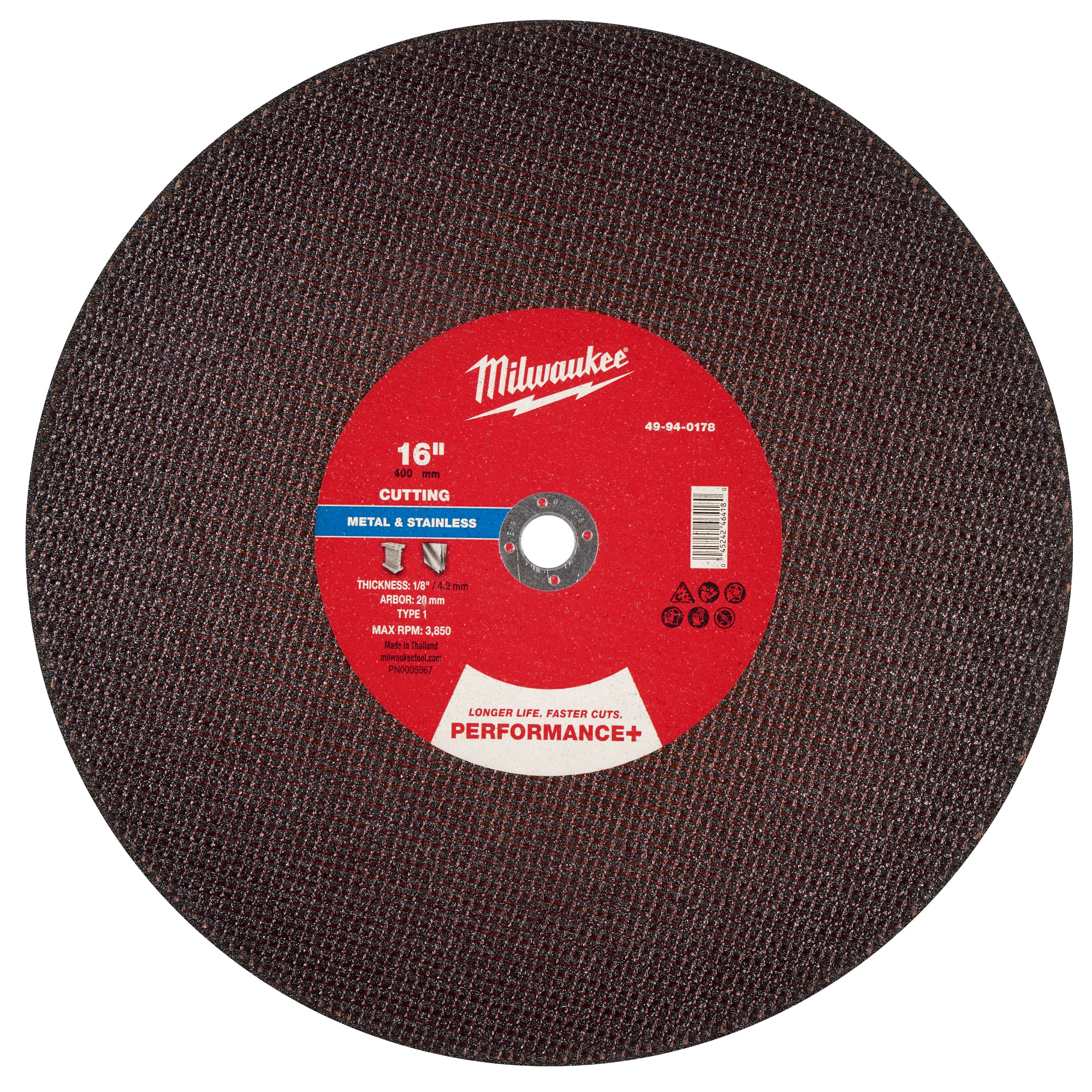 Milwaukee 49-94-0178 16" x 1/8" x 20mm Performance+ Metal Cut Off Wheel - Type 1 - Ace Tool Group - Milwaukee Tool