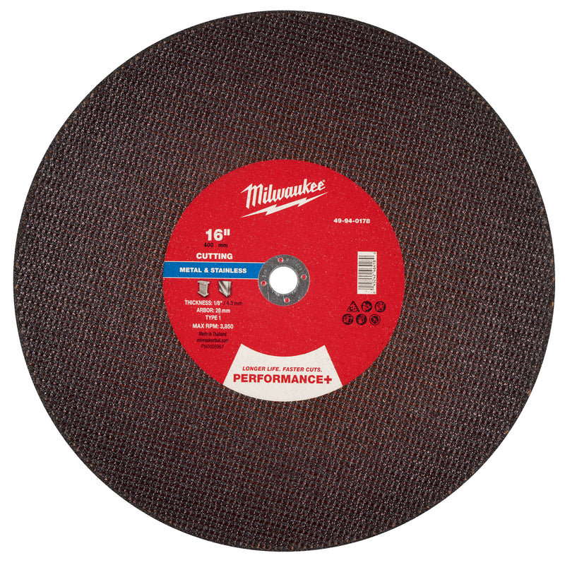 Milwaukee 49-94-0178 16" x 1/8" x 20mm Performance+ Metal Cut Off Wheel - Type 1 - Ace Tool Group - Milwaukee Tool