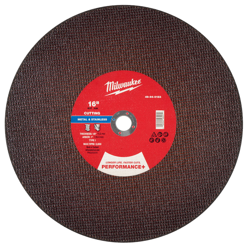 Milwaukee 49-94-0183 16" x 1/8" x 1" Performance+ Metal Cut Off Wheel - Type 1 - Ace Tool Group - Milwaukee Tool