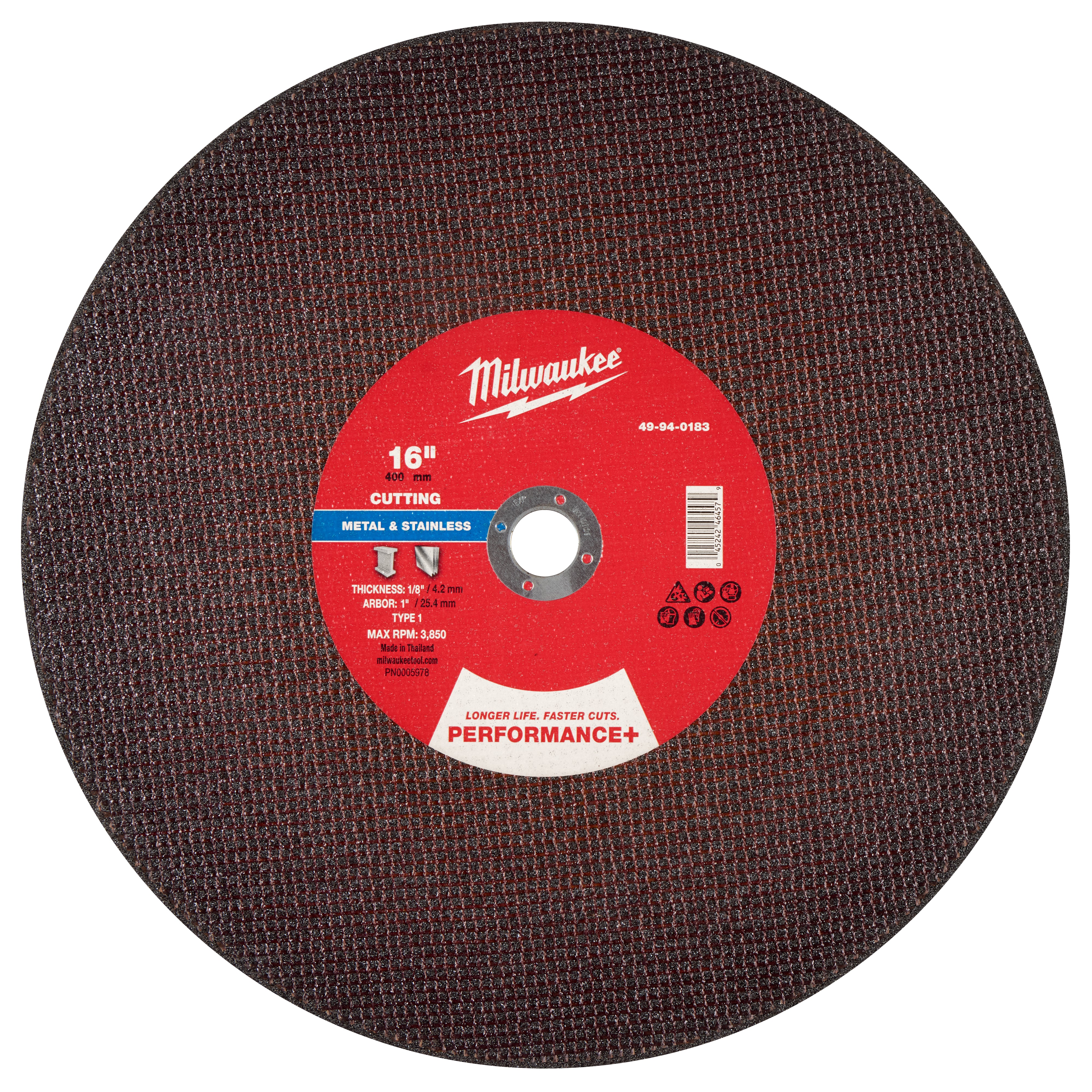 Milwaukee 49-94-0183 16" x 1/8" x 1" Performance+ Metal Cut Off Wheel - Type 1 - Ace Tool Group - Milwaukee Tool