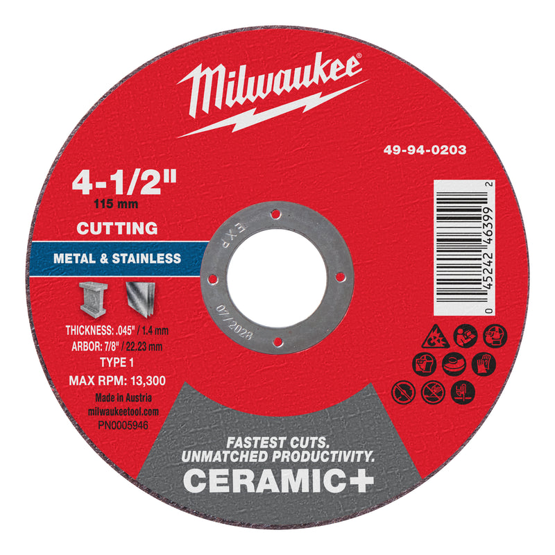 Milwaukee 49-94-0203 4-1/2" x .045" x 7/8" Ceramic+ Metal Cut Off Wheel -Type 1 - Ace Tool Group - Milwaukee Tool