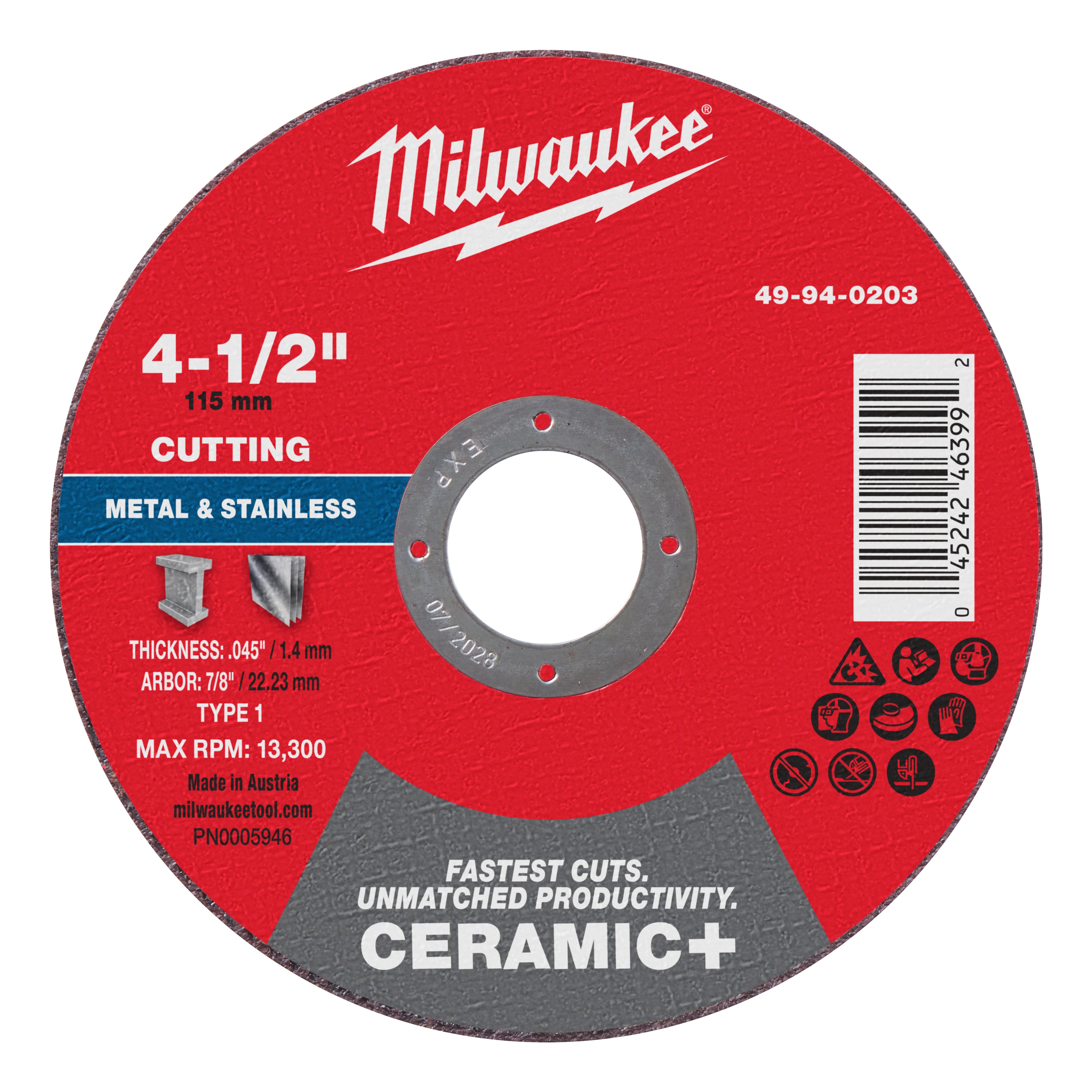 Milwaukee 49-94-0203 4-1/2" x .045" x 7/8" Ceramic+ Metal Cut Off Wheel -Type 1 - Ace Tool Group - Milwaukee Tool