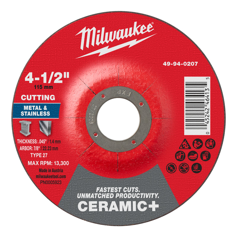 Milwaukee 49-94-0207 4-1/2" x .045" x 7/8" Ceramic+ Metal Cut Off Wheel -Type 27 - Ace Tool Group - Milwaukee Tool