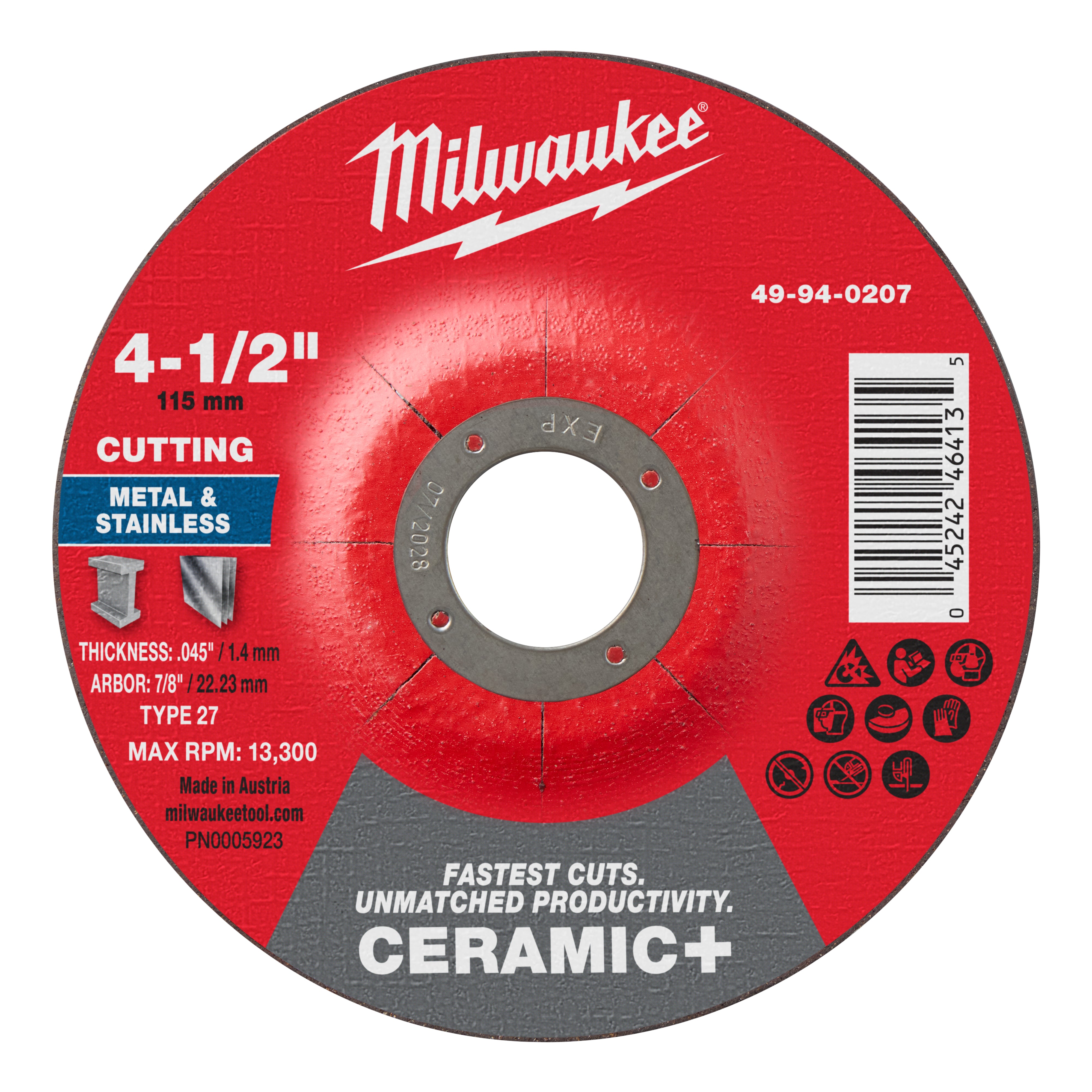 Milwaukee 49-94-0207 4-1/2" x .045" x 7/8" Ceramic+ Metal Cut Off Wheel -Type 27 - Ace Tool Group - Milwaukee Tool