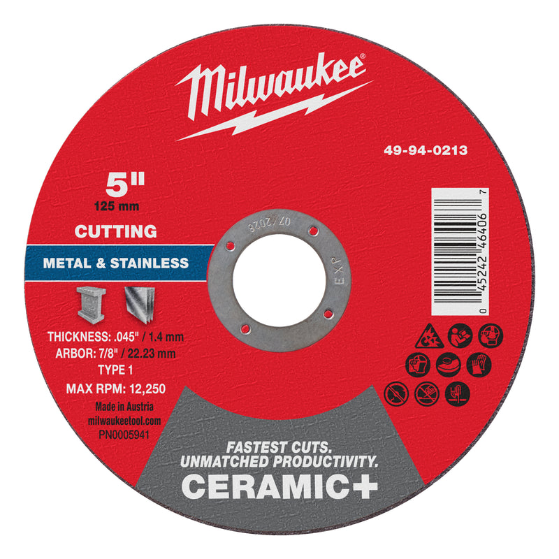 Milwaukee 49-94-0213 5" x .045" x 7/8" Ceramic+ Metal Cut Off Wheel -Type 1 - Ace Tool Group - Milwaukee Tool