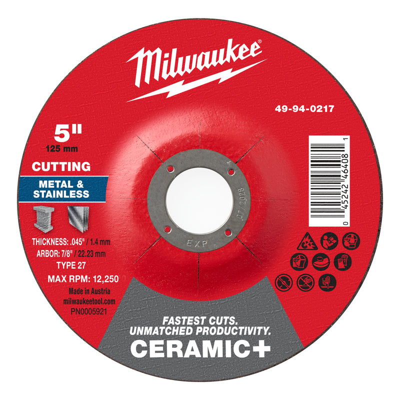 Milwaukee 49-94-0217 5" x .045" x 7/8" Ceramic+ Metal Cut Off Wheel -Type 27 - Ace Tool Group - Milwaukee Tool