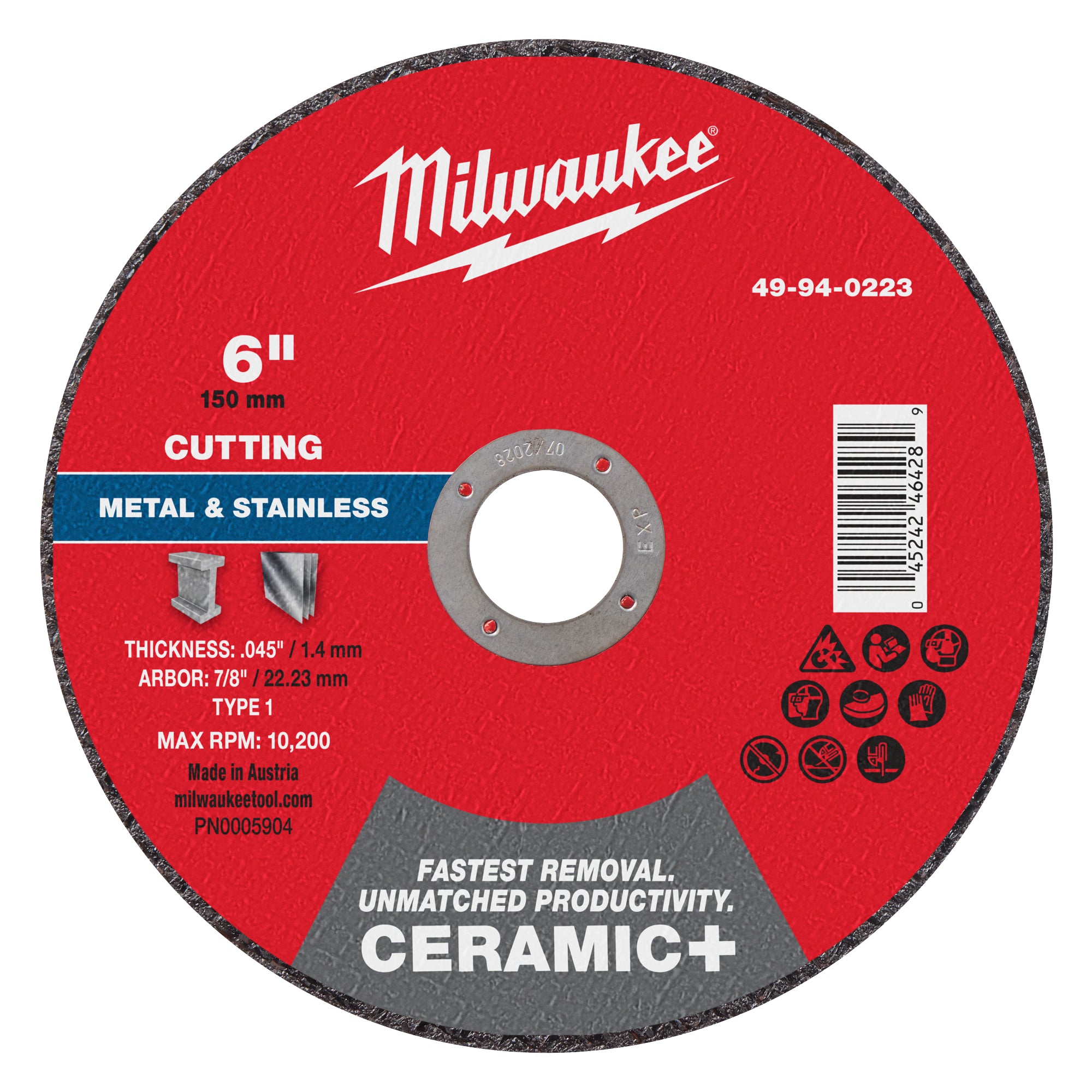 Milwaukee 49-94-0223 6" x .045" x 7/8" Ceramic+ Metal Cut Off Wheel -Type 1 - Ace Tool Group - Milwaukee Tool