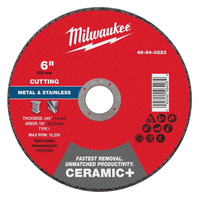 Milwaukee 49-94-0223 6" x .045" x 7/8" Ceramic+ Metal Cut Off Wheel -Type 1 - Ace Tool Group - Milwaukee Tool