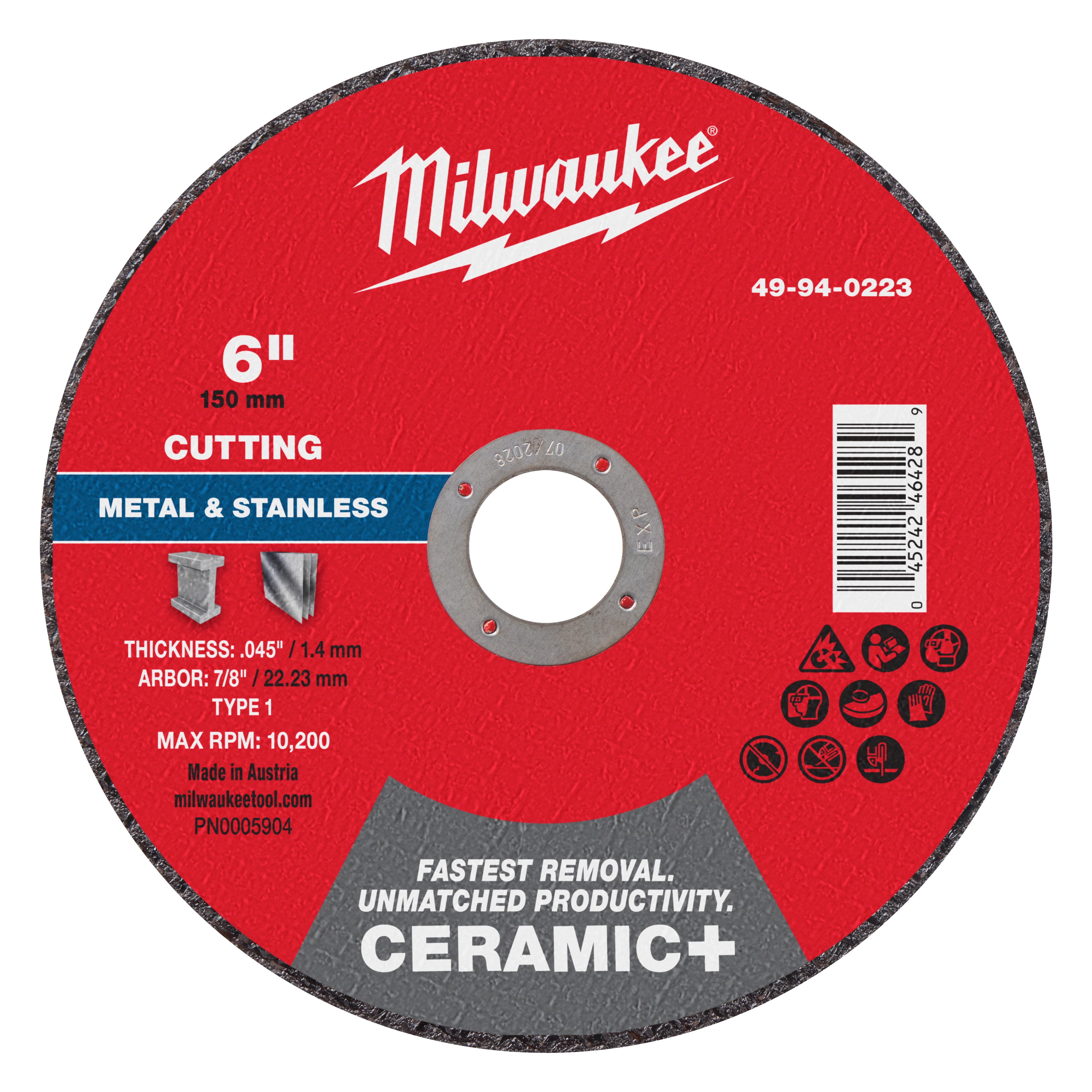 Milwaukee 49-94-0223 6" x .045" x 7/8" Ceramic+ Metal Cut Off Wheel -Type 1 - Ace Tool Group - Milwaukee Tool