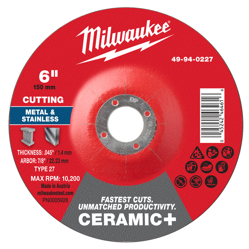 Milwaukee 49-94-0227 6" x .045" x 7/8" Ceramic+ Metal Cut Off Wheel -Type 27 - Ace Tool Group - Milwaukee Tool