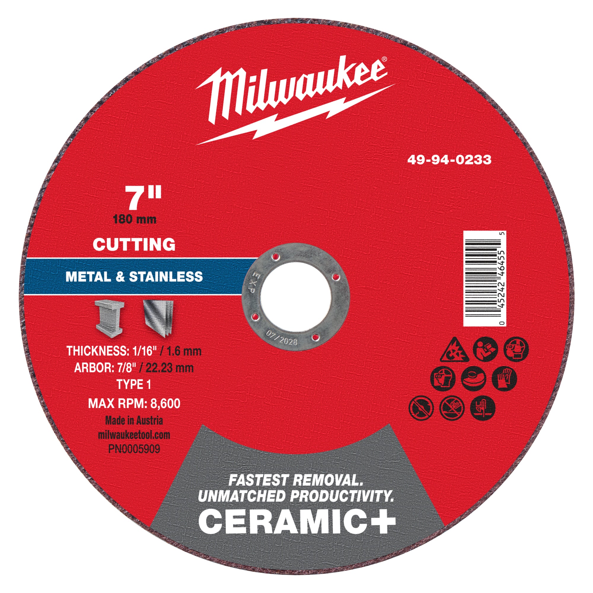 Milwaukee 49-94-0233 7" x 1/16" x 7/8" Ceramic+ Metal Cut Off Wheel -Type 1 - Ace Tool Group - Milwaukee Tool