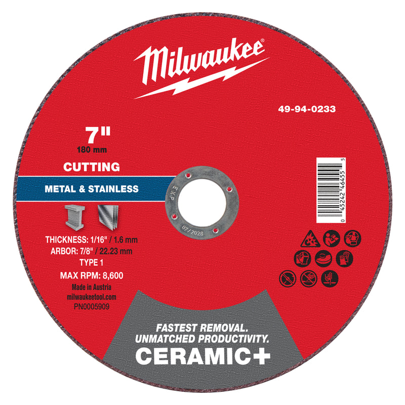 Milwaukee 49-94-0233 7" x 1/16" x 7/8" Ceramic+ Metal Cut Off Wheel -Type 1 - Ace Tool Group - Milwaukee Tool