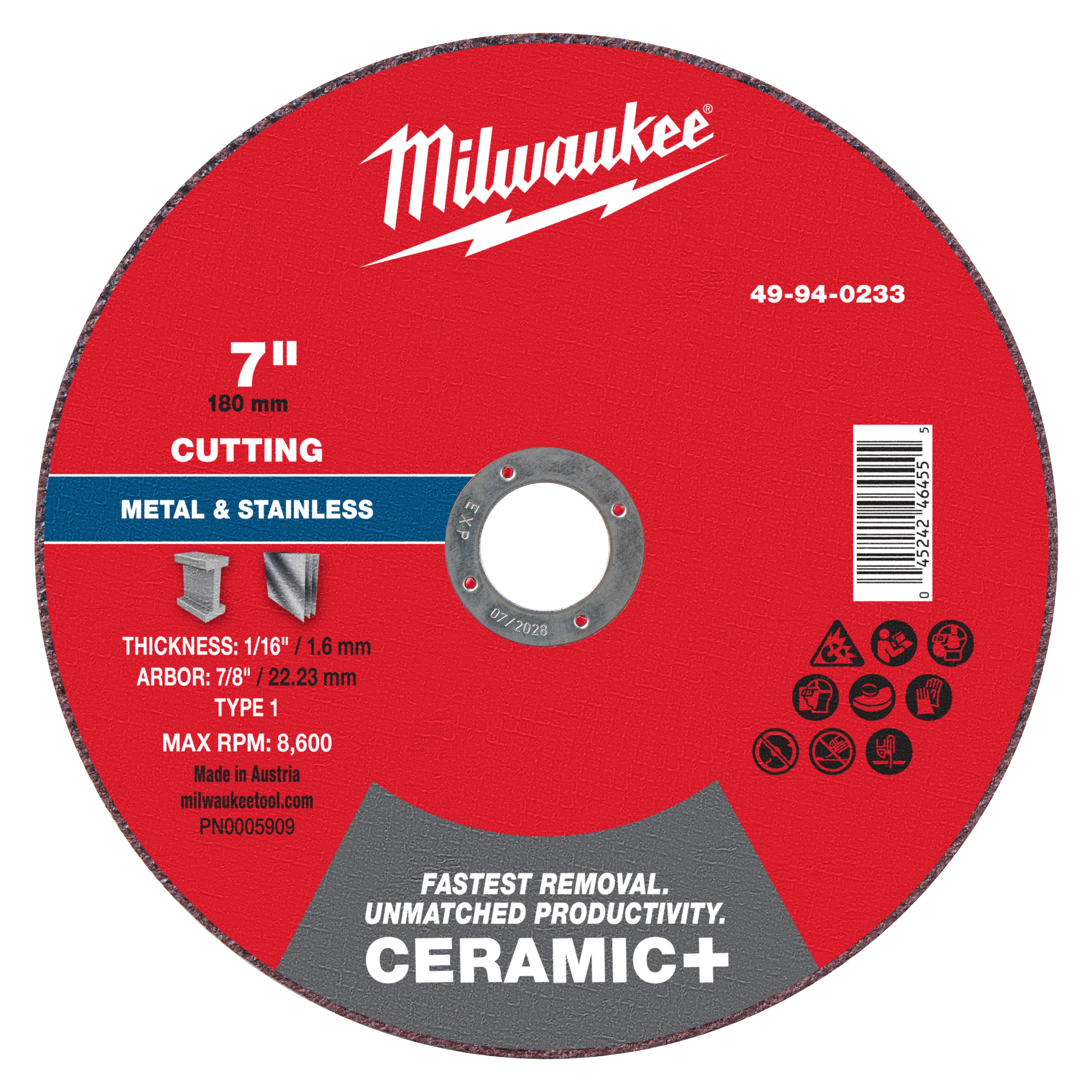 Milwaukee 49-94-0233 7" x 1/16" x 7/8" Ceramic+ Metal Cut Off Wheel -Type 1 - Ace Tool Group - Milwaukee Tool