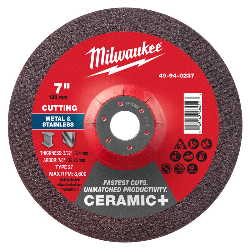 Milwaukee 49-94-0237 7" x 3/32" x 7/8" Ceramic+ Metal Cut Off Wheel -Type 27 - Ace Tool Group - Milwaukee Tool