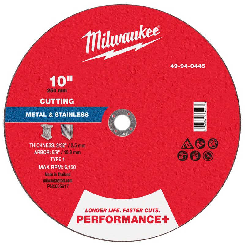 Milwaukee 49-94-0445 10" x 3/32" x 5/8" Performance+ Metal Cut Off Wheel - Type 1 - Ace Tool Group - Milwaukee Tool
