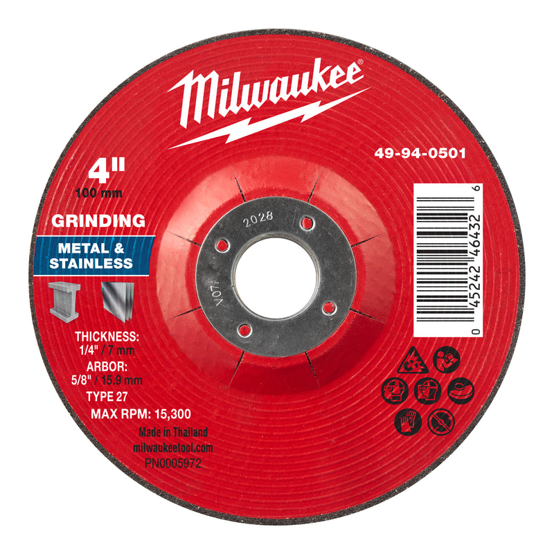 Milwaukee 49-94-0501 4" x 1/4" x 5/8" Metal Grinding  Wheel - Type 27 - Ace Tool Group - Milwaukee Tool