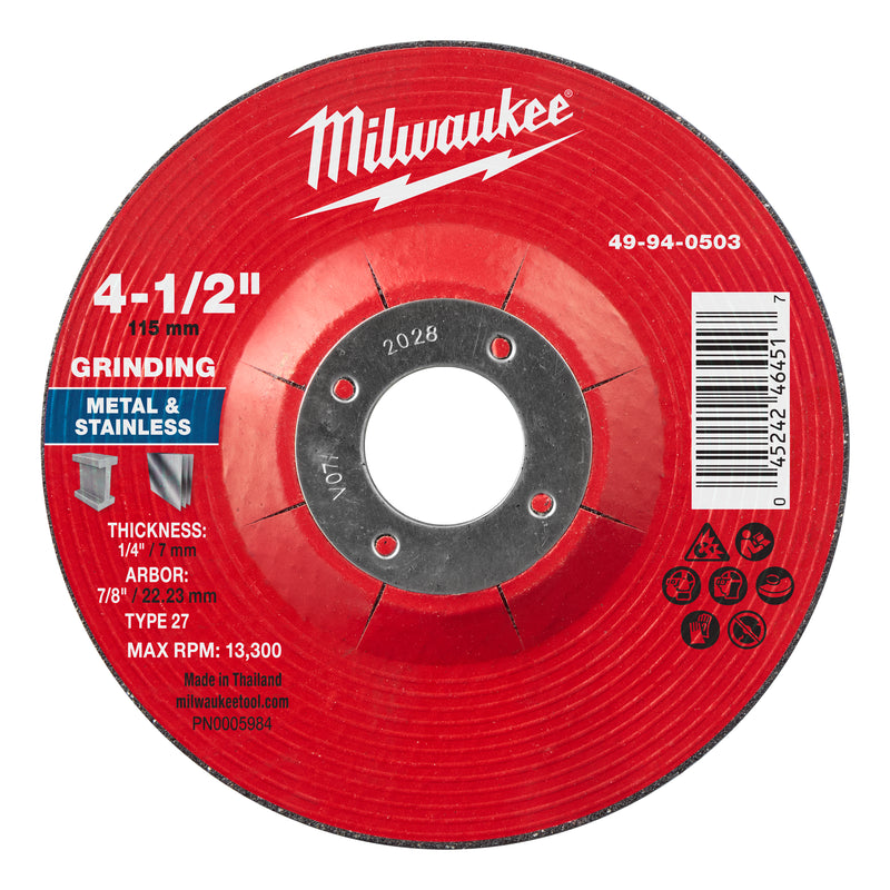 Milwaukee 49-94-0503 4-1/2" x 1/4" x 7/8" Metal Grinding Wheel - Type 27 - Ace Tool Group - Milwaukee Tool