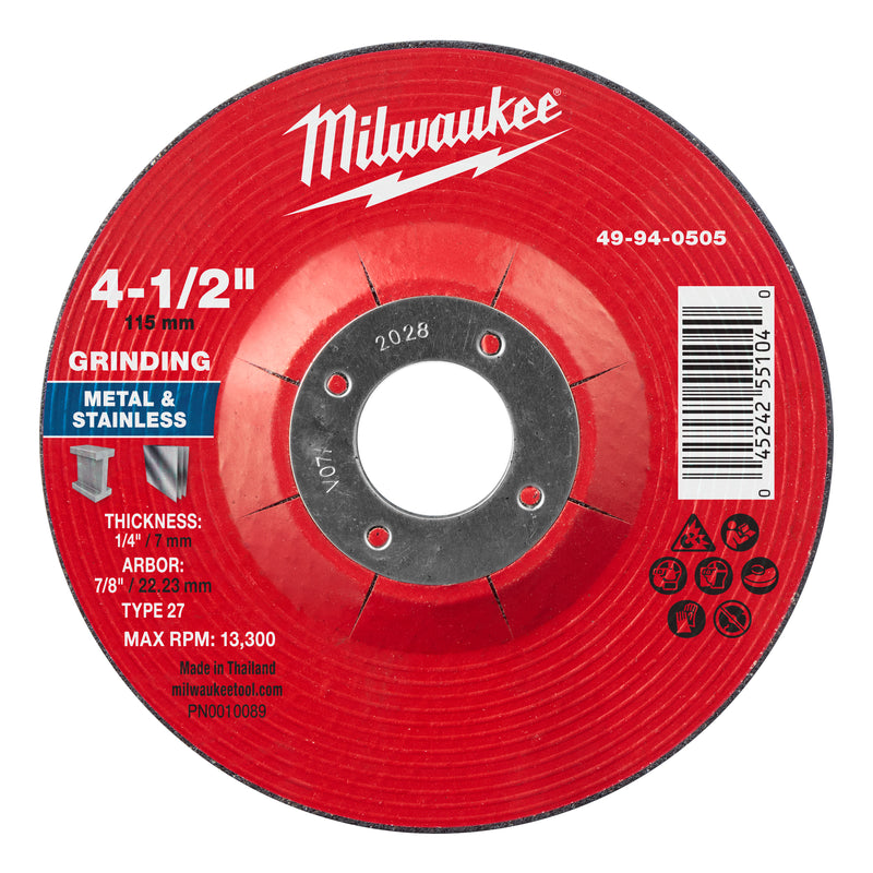 Milwaukee 49-94-0505 4-1/2" x 1/4" x 7/8" Metal Grinding Wheel - Type 27 - Ace Tool Group - Milwaukee Tool