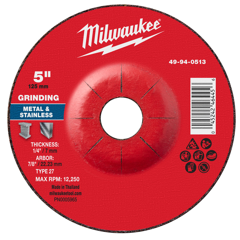 Milwaukee 49-94-0513 5" x 1/4" x 7/8" Metal Grinding  Wheel - Type 27 - Ace Tool Group - Milwaukee Tool