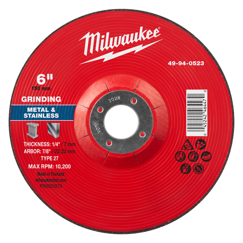 Milwaukee 49-94-0523 6" x 1/4" x 7/8" Metal Grinding Wheel - Type 27 - Ace Tool Group - Milwaukee Tool