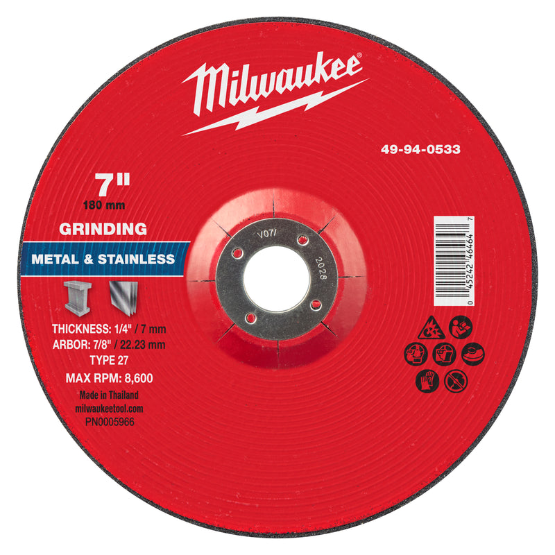 Milwaukee 49-94-0533 7" x 1/4" x 7/8" Metal Grinding Wheel - Type 27 - Ace Tool Group - Milwaukee Tool