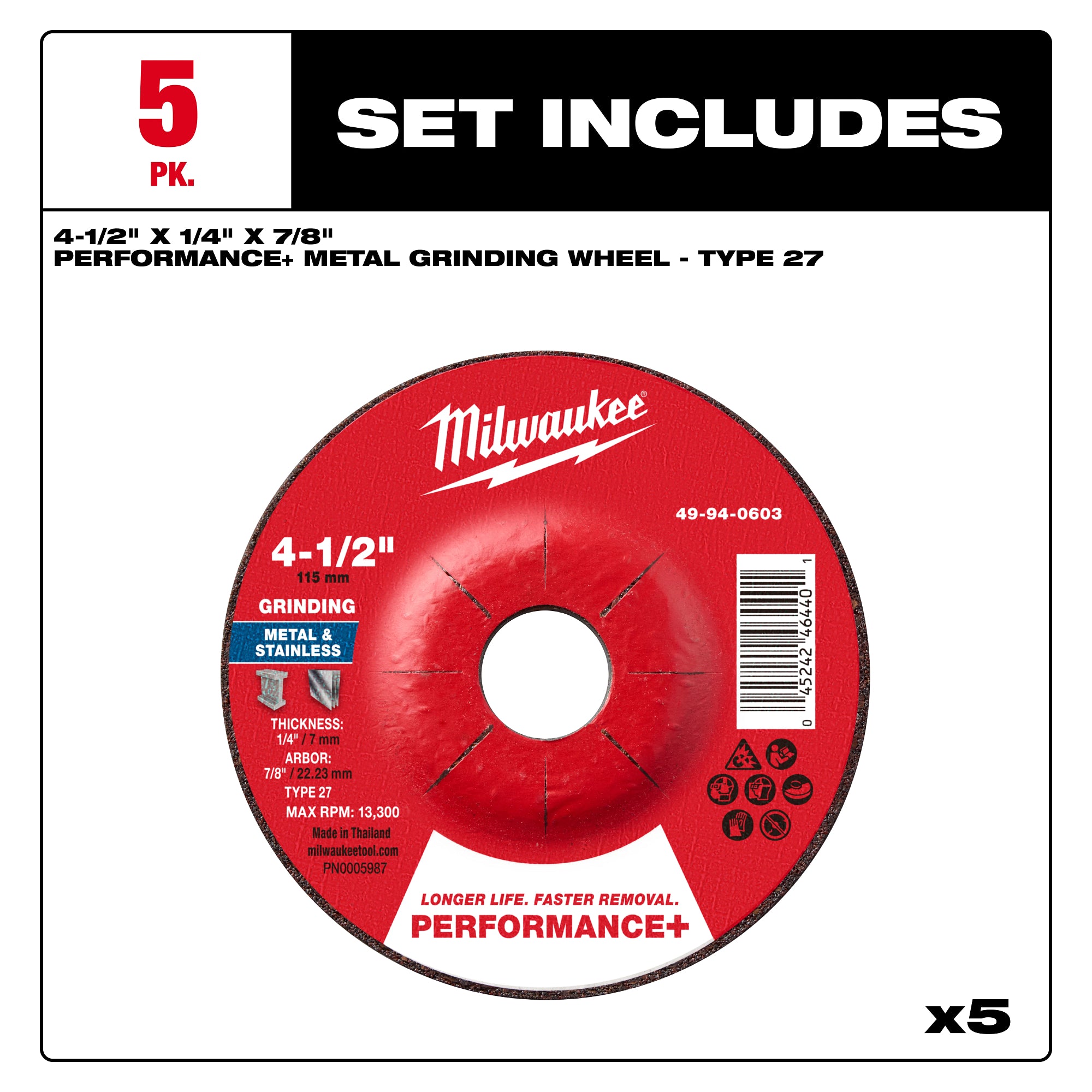 Milwaukee 49-94-0601 4-1/2" x 1/4" x 7/8" Performance+ Metal Grinding Wheel - Type 27 - 5pk - Ace Tool Group - Milwaukee Tool