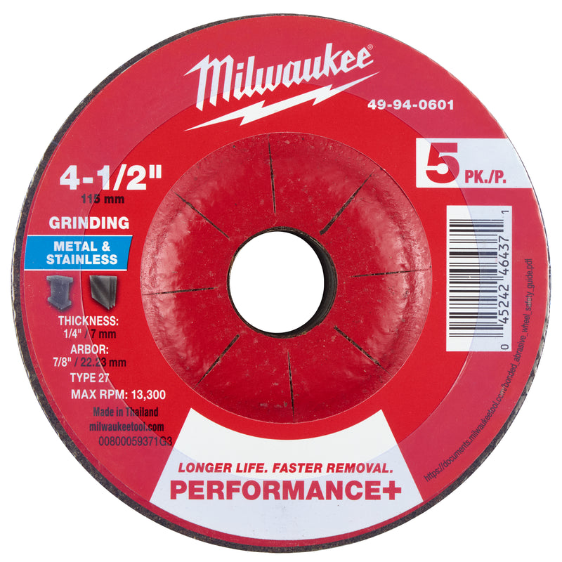 Milwaukee 49-94-0601 4-1/2" x 1/4" x 7/8" Performance+ Metal Grinding Wheel - Type 27 - 5pk - Ace Tool Group - Milwaukee Tool