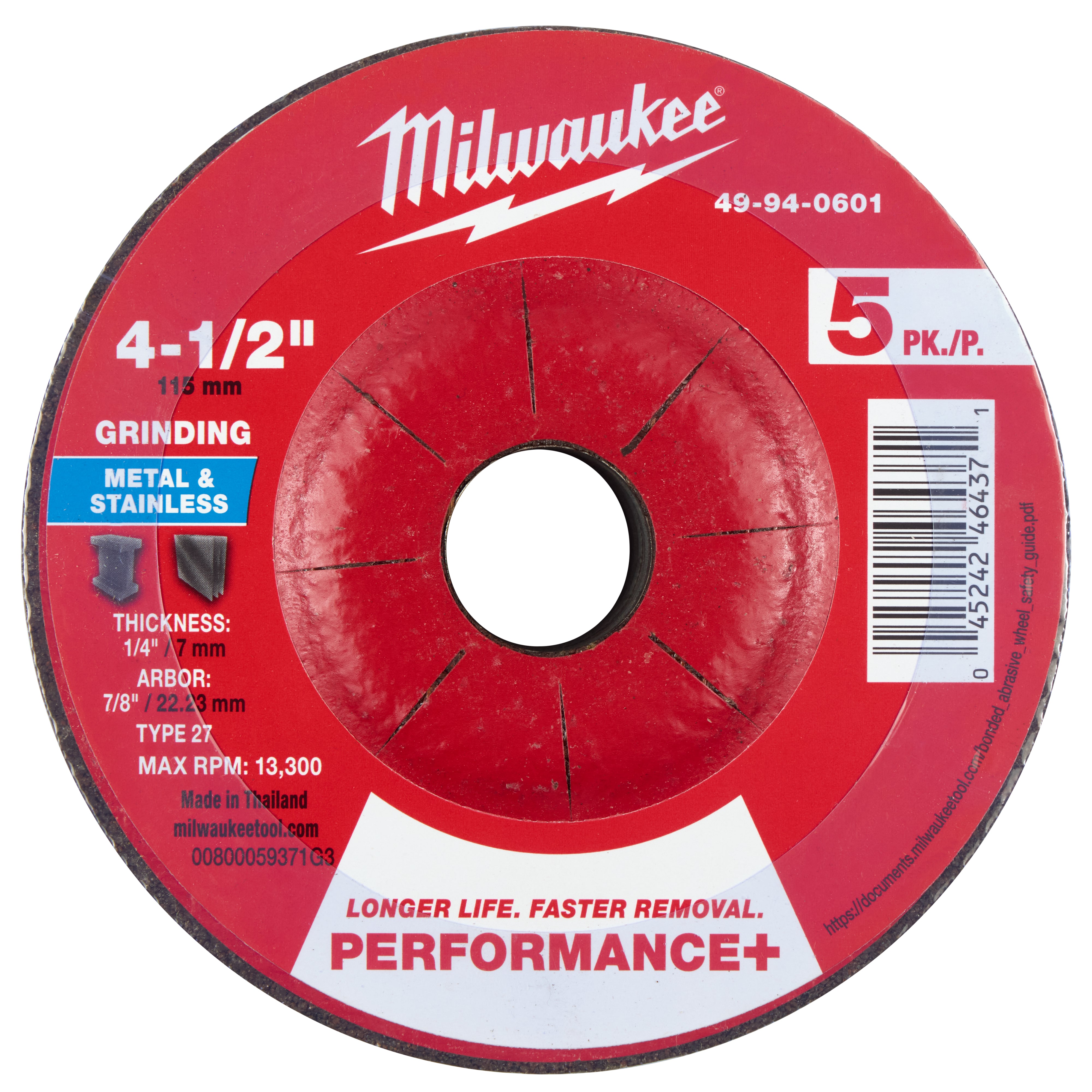 Milwaukee 49-94-0601 4-1/2" x 1/4" x 7/8" Performance+ Metal Grinding Wheel - Type 27 - 5pk - Ace Tool Group - Milwaukee Tool