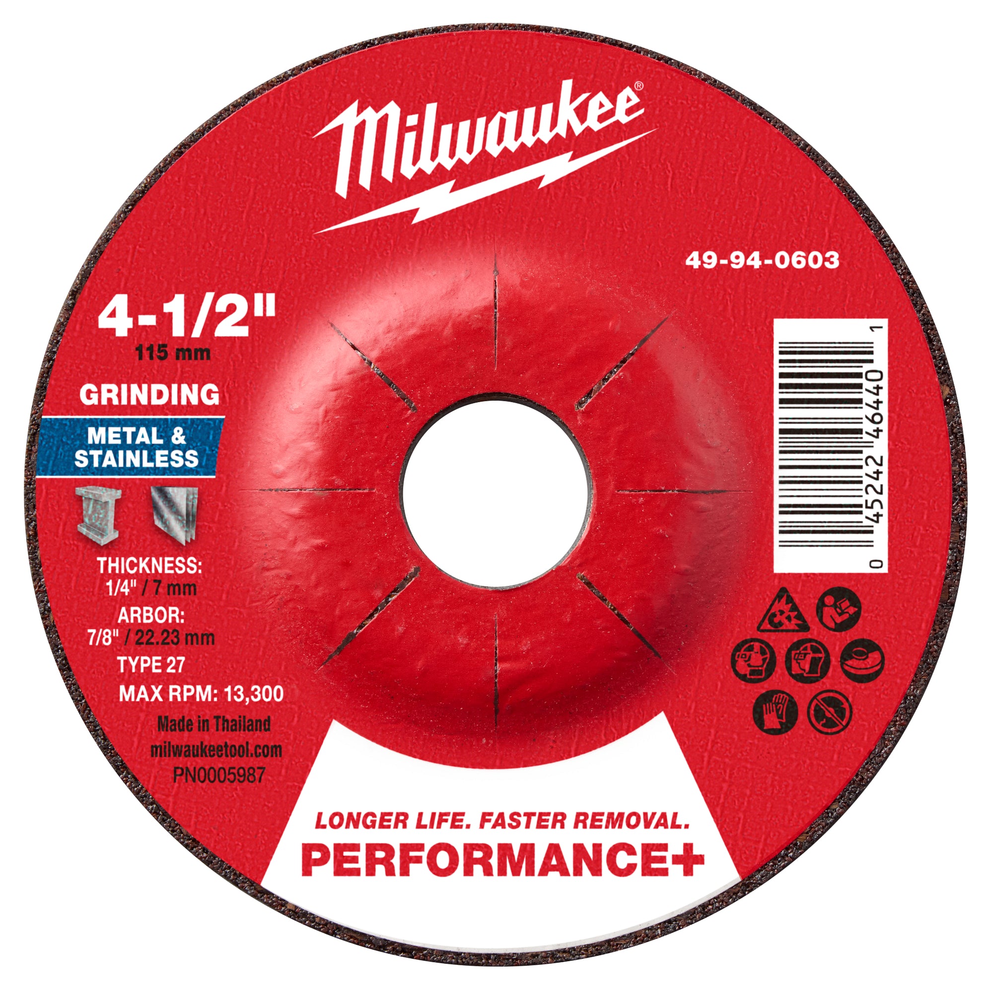 Milwaukee 49-94-0603 4-1/2" x 1/4" x 7/8" Performance+ Metal Grinding Wheel - Type 27 - Ace Tool Group - Milwaukee Tool