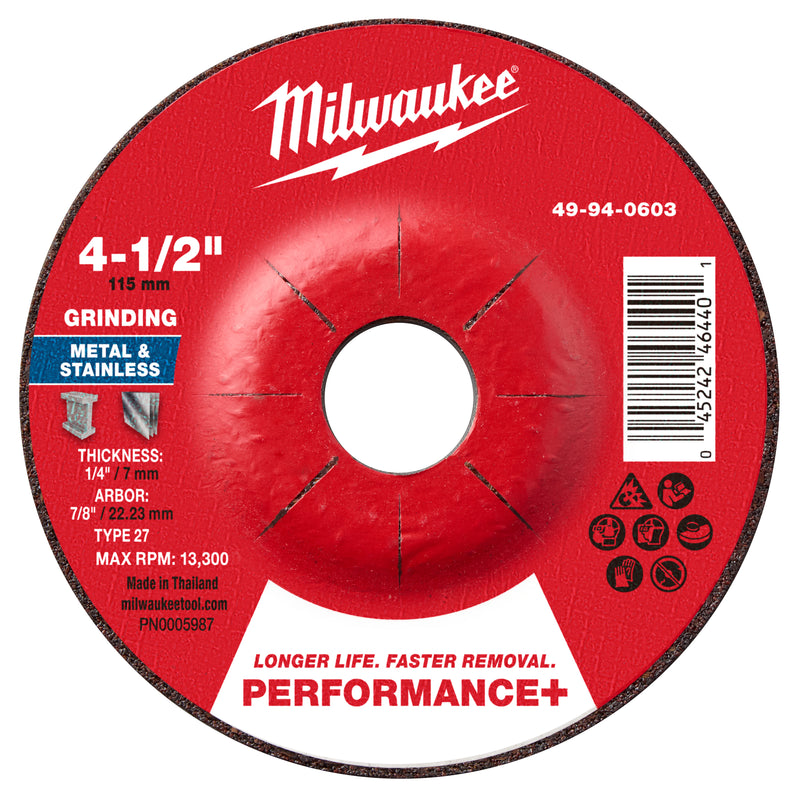 Milwaukee 49-94-0603 4-1/2" x 1/4" x 7/8" Performance+ Metal Grinding Wheel - Type 27 - Ace Tool Group - Milwaukee Tool