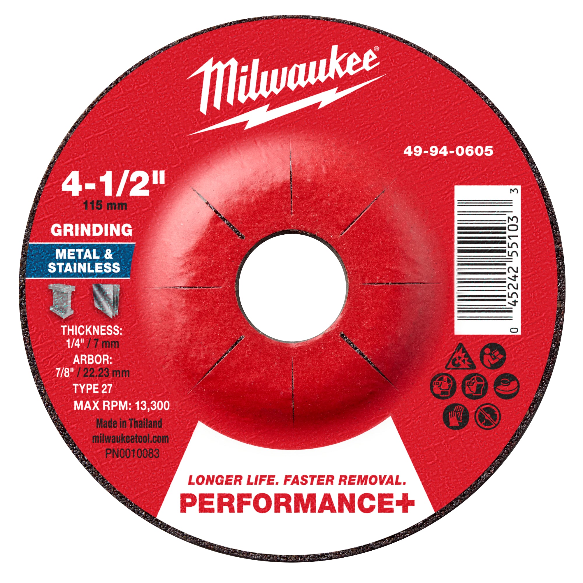 Milwaukee 49-94-0605 4-1/2" x 1/4" x 7/8" Performance+ Metal Grinding Wheel - Type 27 - Ace Tool Group - Milwaukee Tool