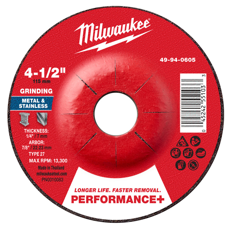 Milwaukee 49-94-0605 4-1/2" x 1/4" x 7/8" Performance+ Metal Grinding Wheel - Type 27 - Ace Tool Group - Milwaukee Tool