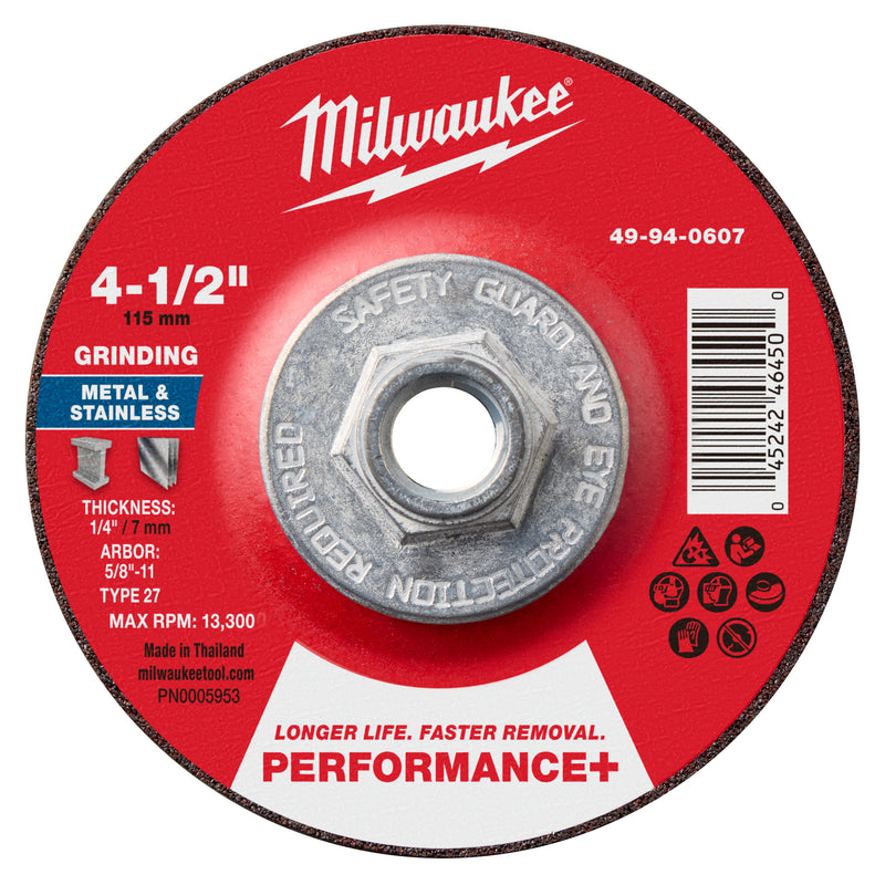 Milwaukee 49-94-0607 4-1/2" x 1/4" x 5/8"-11 Performance+ Metal Grinding Wheel - Type 27 - Ace Tool Group - Milwaukee Tool