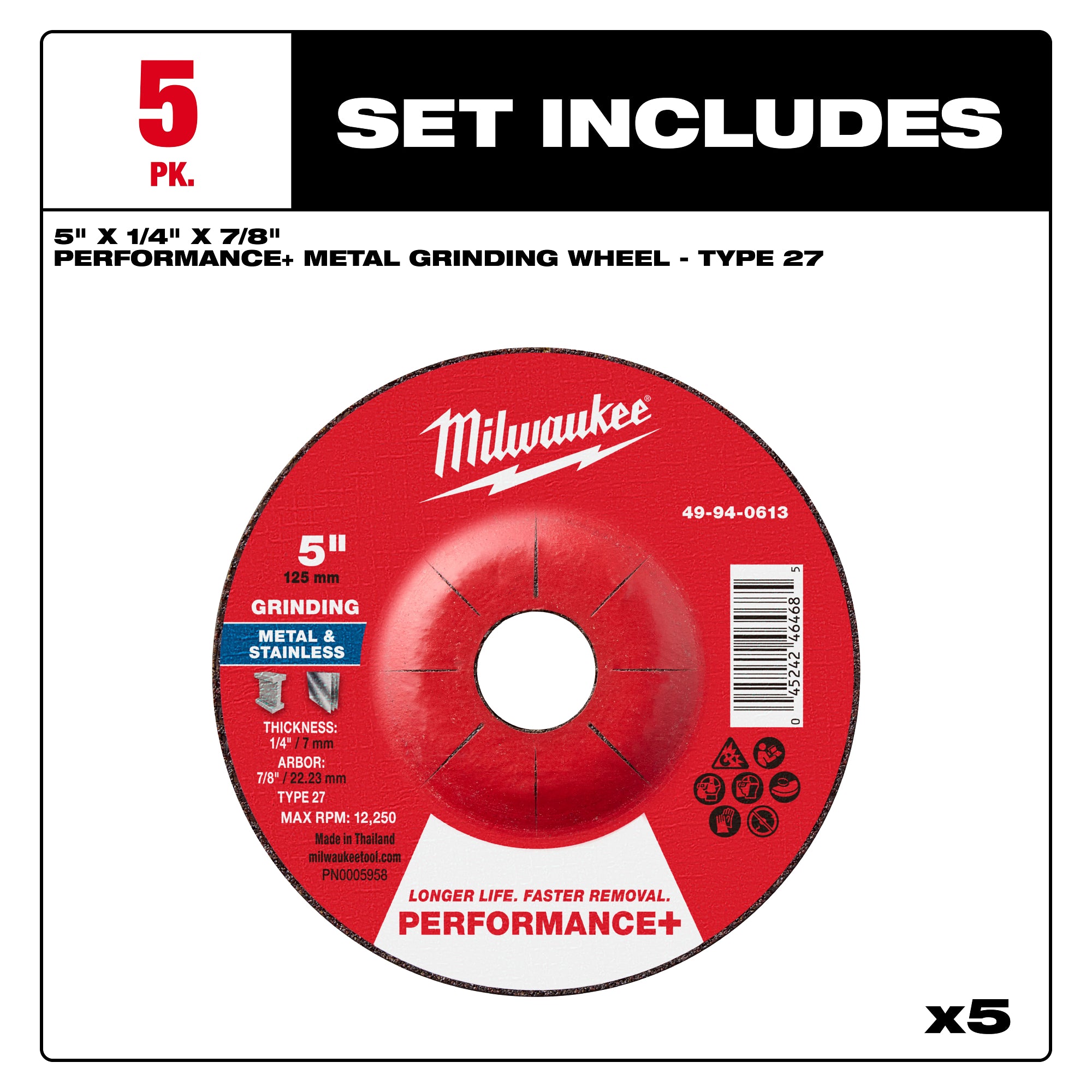 Milwaukee 49-94-0610 5" x 1/4" x 7/8" Performance+ Metal Grinding  Wheel - Type 27 - 5pk - Ace Tool Group - Milwaukee Tool