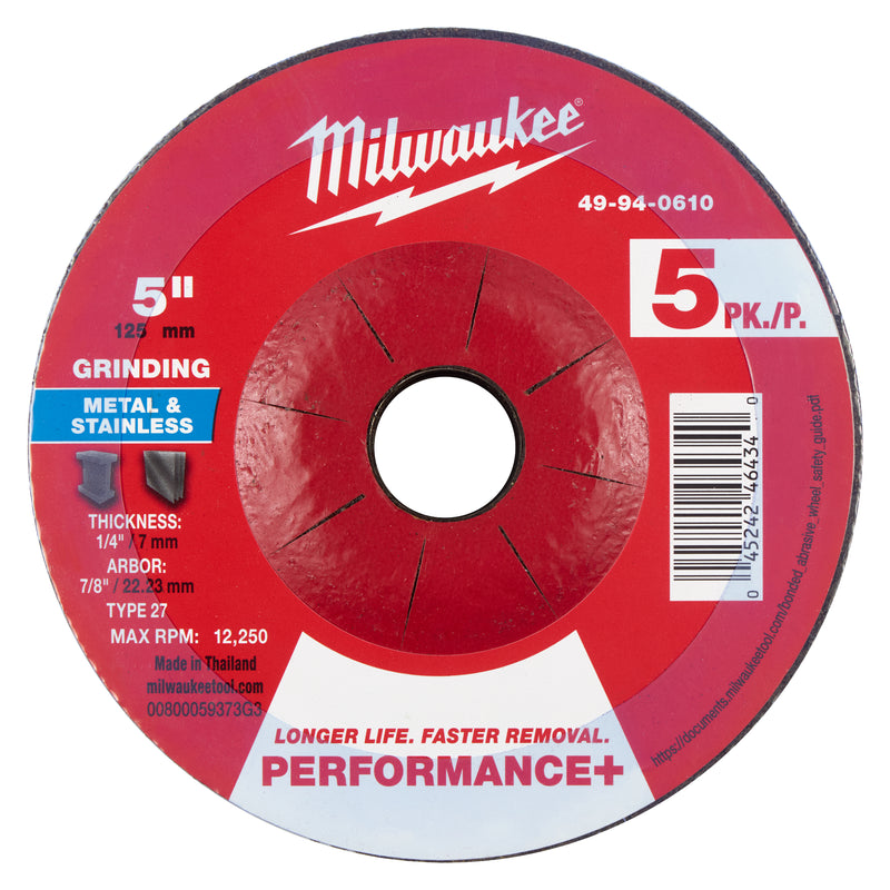 Milwaukee 49-94-0610 5" x 1/4" x 7/8" Performance+ Metal Grinding  Wheel - Type 27 - 5pk - Ace Tool Group - Milwaukee Tool