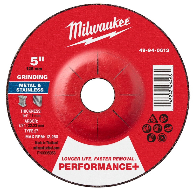 Milwaukee 49-94-0613 5" x 1/4" x 7/8" Performance+ Metal Grinding  Wheel - Type 27 - Ace Tool Group - Milwaukee Tool