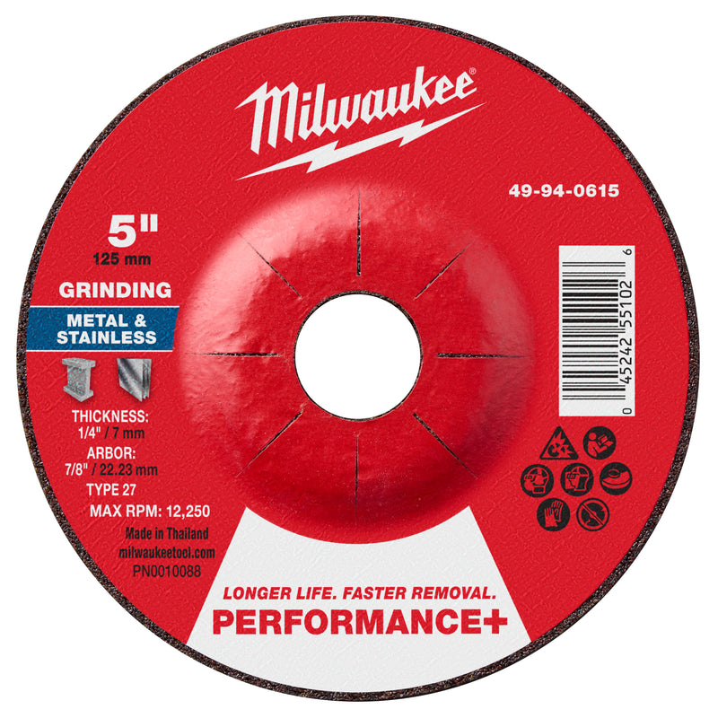Milwaukee 49-94-0615 5" x 1/4" x 7/8" Performance+ Metal Grinding  Wheel - Type 27 - Ace Tool Group - Milwaukee Tool