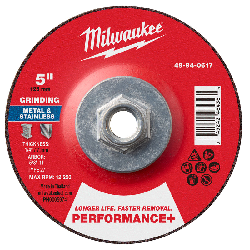 Milwaukee 49-94-0617 5" x 1/4" x 5/8"-11 Performance+ Metal Grinding Wheel - Type 27 - Ace Tool Group - Milwaukee Tool