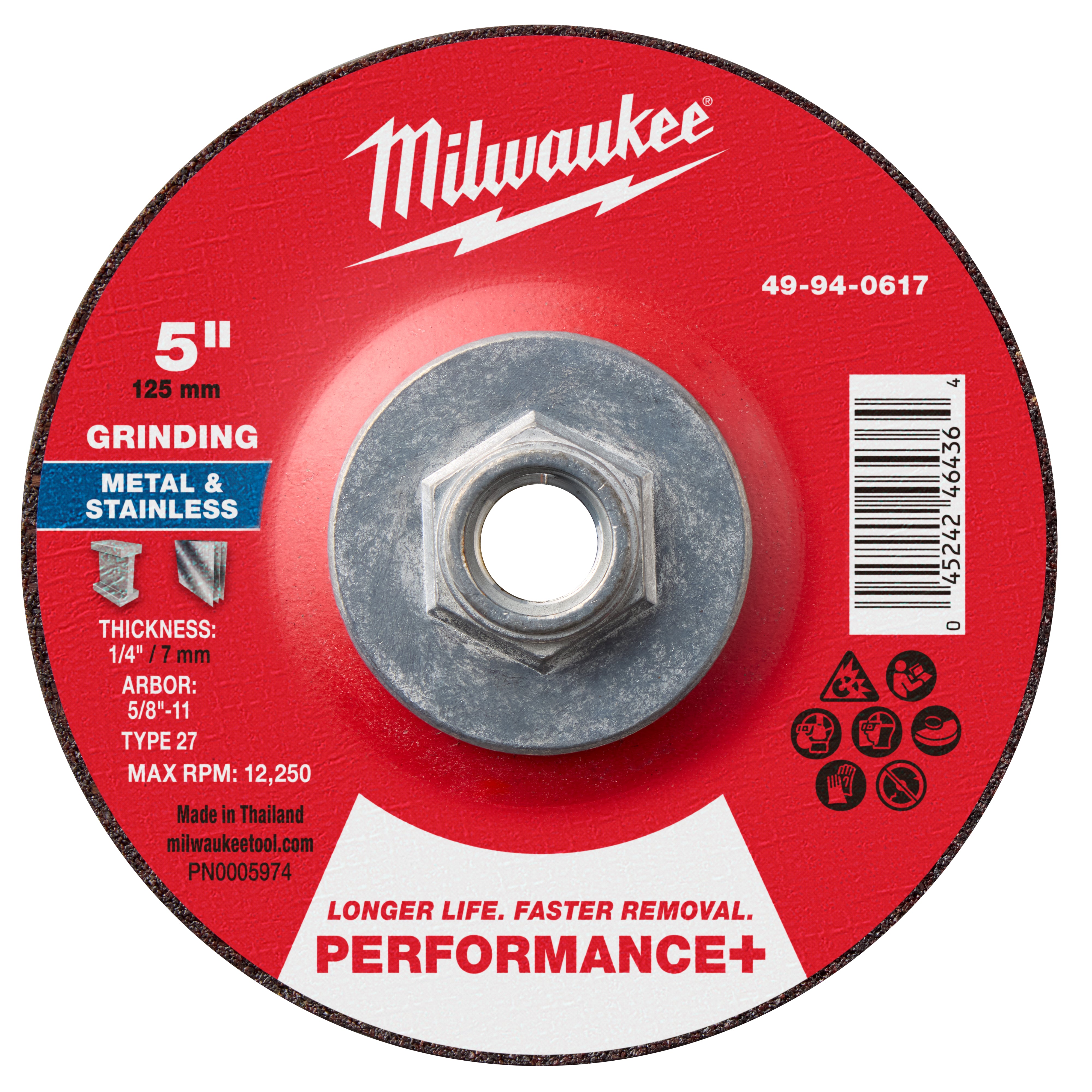 Milwaukee 49-94-0617 5" x 1/4" x 5/8"-11 Performance+ Metal Grinding Wheel - Type 27 - Ace Tool Group - Milwaukee Tool