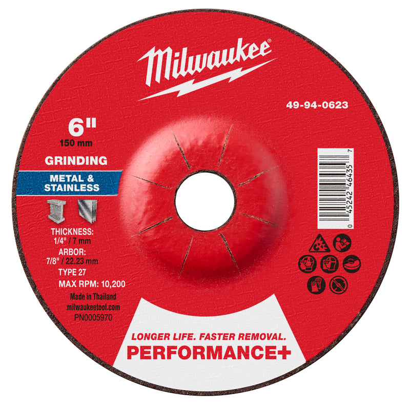 Milwaukee 49-94-0623 6" x 1/4" x 7/8" Performance+ Metal Grinding Wheel - Type 27 - Ace Tool Group - Milwaukee Tool