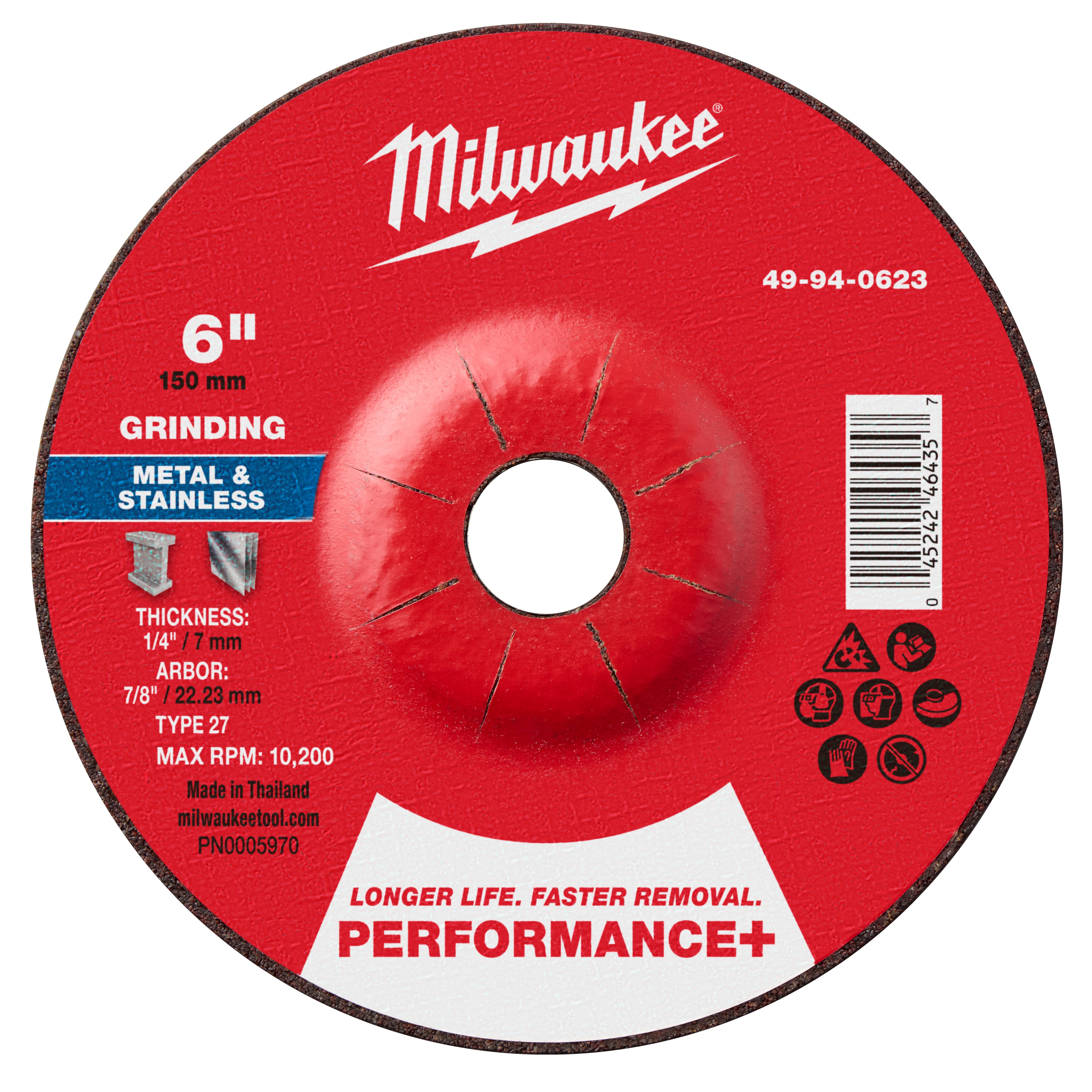 Milwaukee 49-94-0623 6" x 1/4" x 7/8" Performance+ Metal Grinding Wheel - Type 27 - Ace Tool Group - Milwaukee Tool