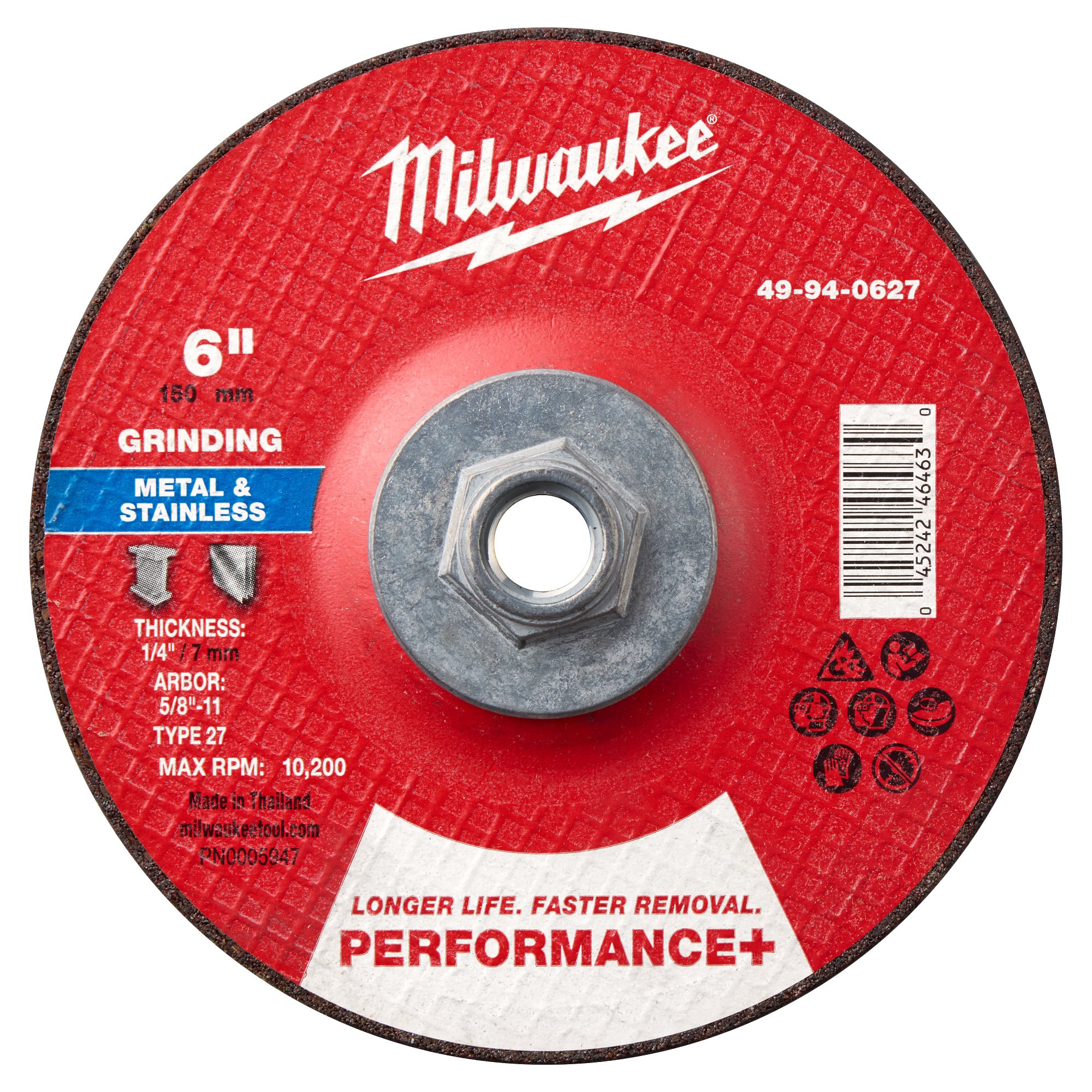 Milwaukee 49-94-0627 6" x 1/4" x 5/8"-11 Performance+ Metal Grinding Wheel - Type 27 - Ace Tool Group - Milwaukee Tool