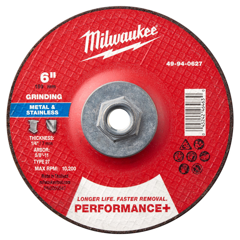 Milwaukee 49-94-0627 6" x 1/4" x 5/8"-11 Performance+ Metal Grinding Wheel - Type 27 - Ace Tool Group - Milwaukee Tool