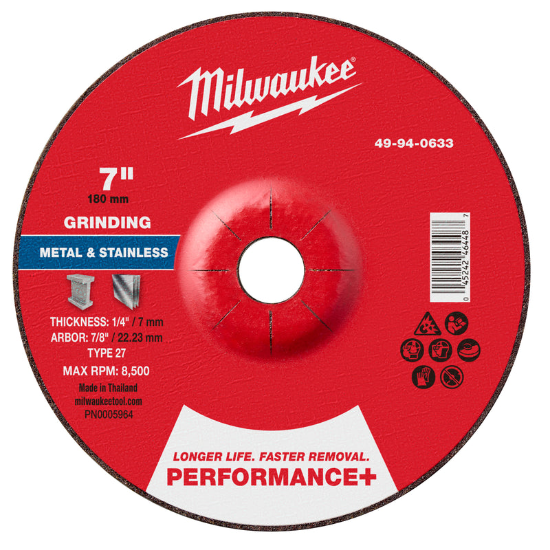 Milwaukee 49-94-0633 7" x 1/4" x 7/8" Performance+ Metal Grinding Wheel - Type 27 - Ace Tool Group - Milwaukee Tool