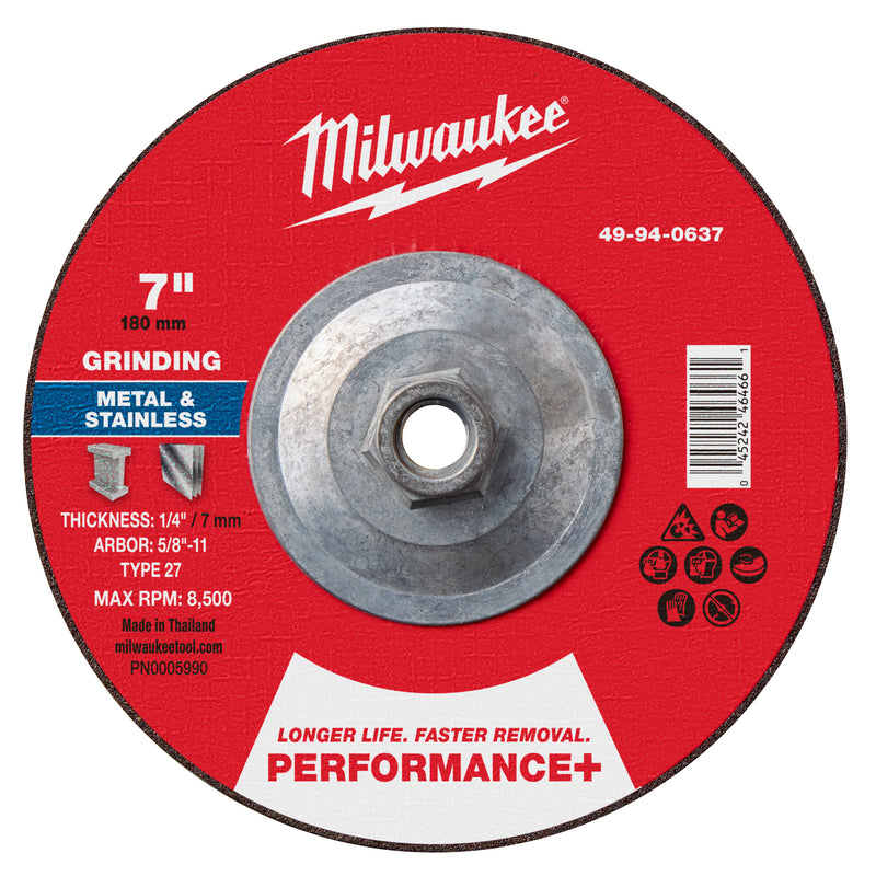 Milwaukee 49-94-0637 7" x 1/4" x 5/8"-11 Performance+ Metal Grinding Wheel - Type 27 - Ace Tool Group - Milwaukee Tool