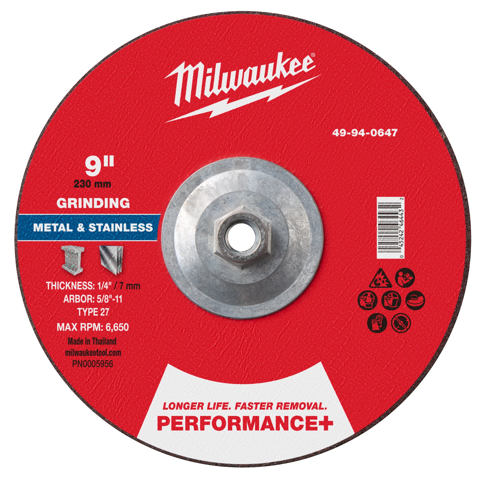 Milwaukee 49-94-0647 9" x 1/4" x 5/8"-11 Performance+ Metal Grinding Wheel - Type 27 - Ace Tool Group - Milwaukee Tool