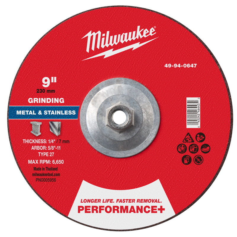 Milwaukee 49-94-0647 9" x 1/4" x 5/8"-11 Performance+ Metal Grinding Wheel - Type 27 - Ace Tool Group - Milwaukee Tool