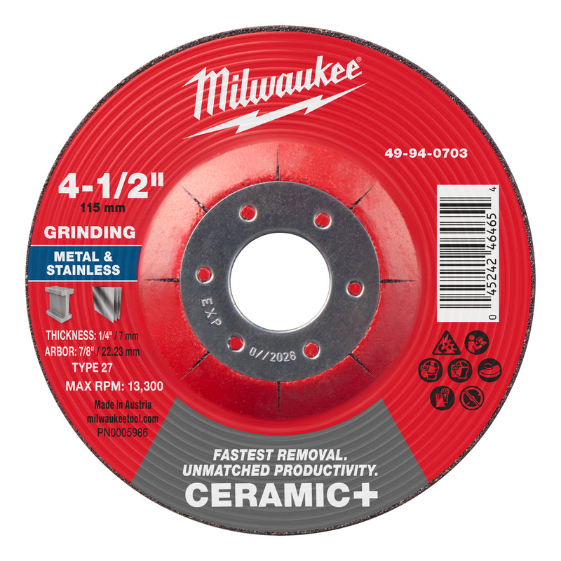 Milwaukee 49-94-0703 4-1/2" x 1/4" x 7/8" Ceramic+ Metal Grinding Wheel - Type 27 - Ace Tool Group - Milwaukee Tool