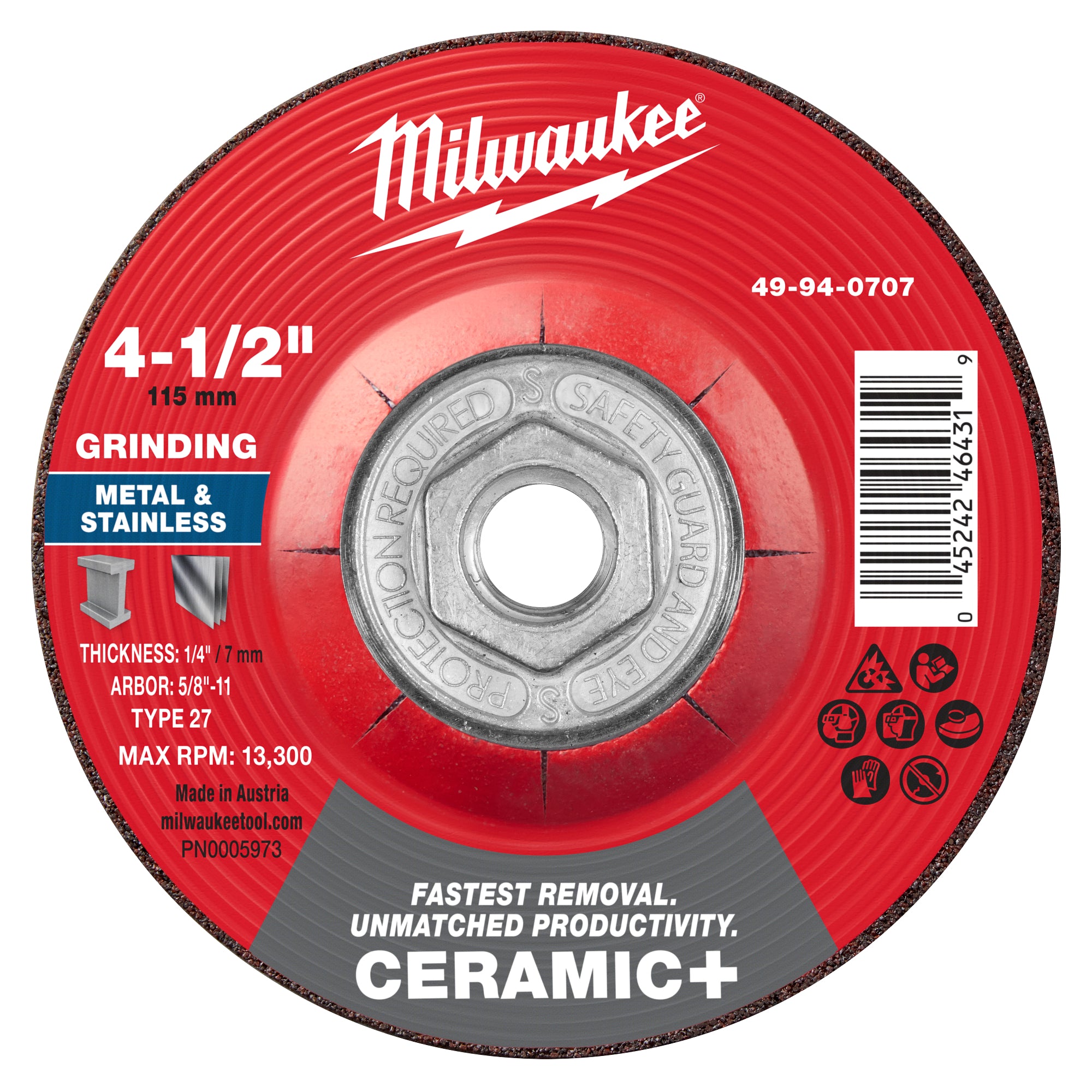 Milwaukee 49-94-0707 4-1/2" x 1/4" x 5/8"-11 Ceramic+ Metal Grinding Wheel - Type 27 - Ace Tool Group - Milwaukee Tool